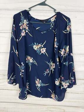 Zac & Rachel Navy Floral Bell Sleeve Blouse Size L